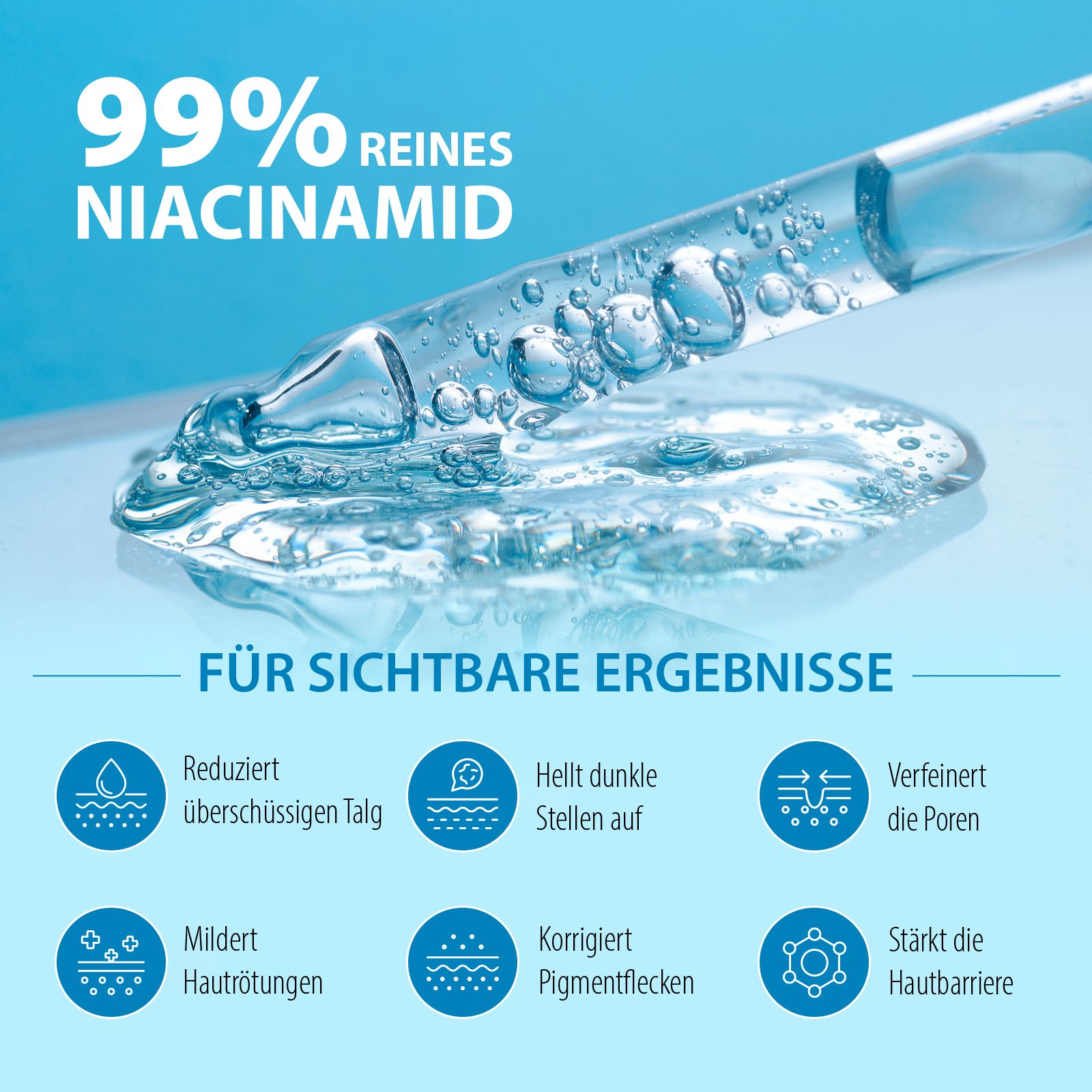 Primo piano di una pipetta con siero. Testo: 99% di niacinamide pura. Per risultati visibili. Riduce l'eccesso di sebo, schiarisce le zone scure, affina i pori.