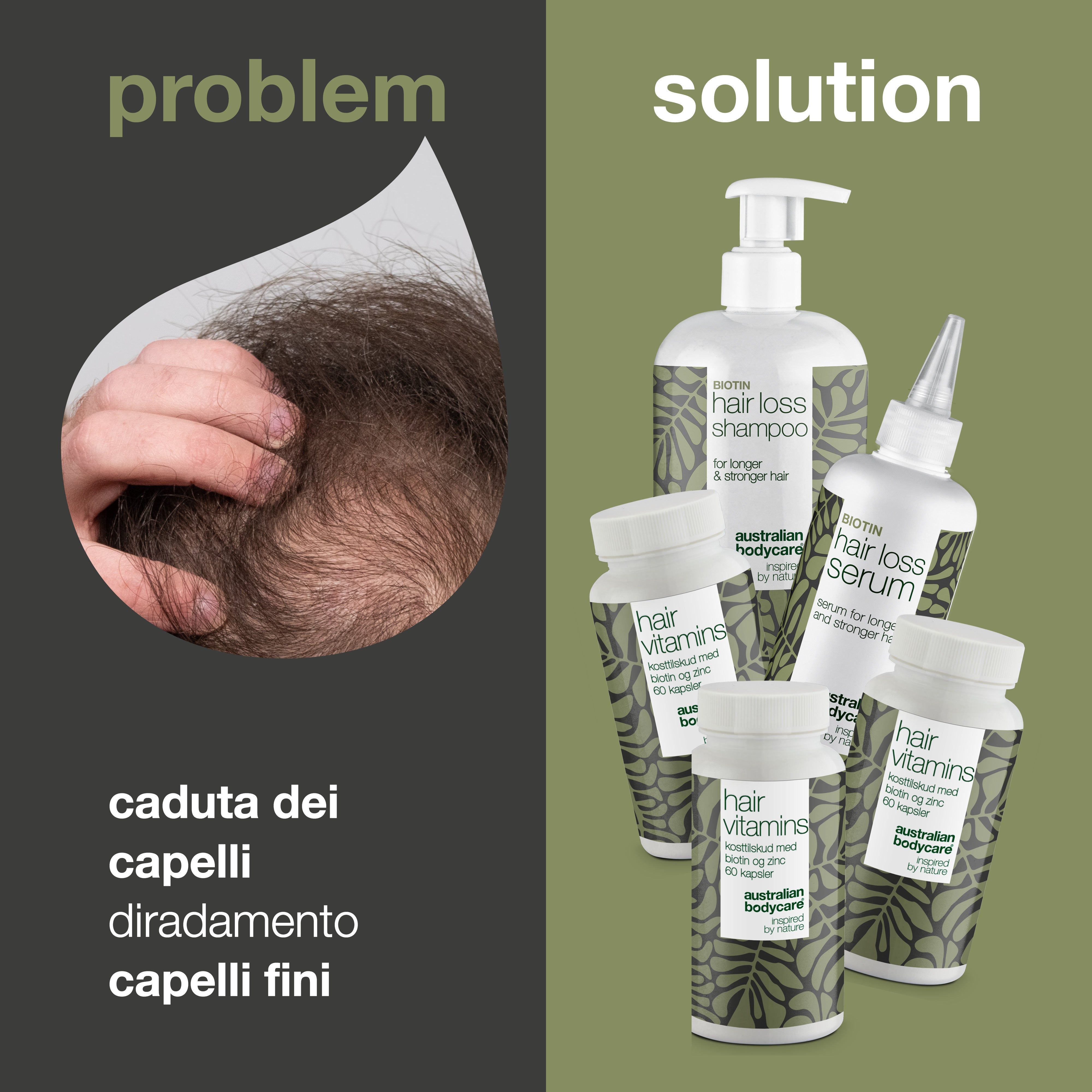 Attaccatura dei capelli e prodotti. Scritta: Hair Loss Shampoo, Hair Loss Serum, Hair Vitamins. Marchio: Australian Bodycare.