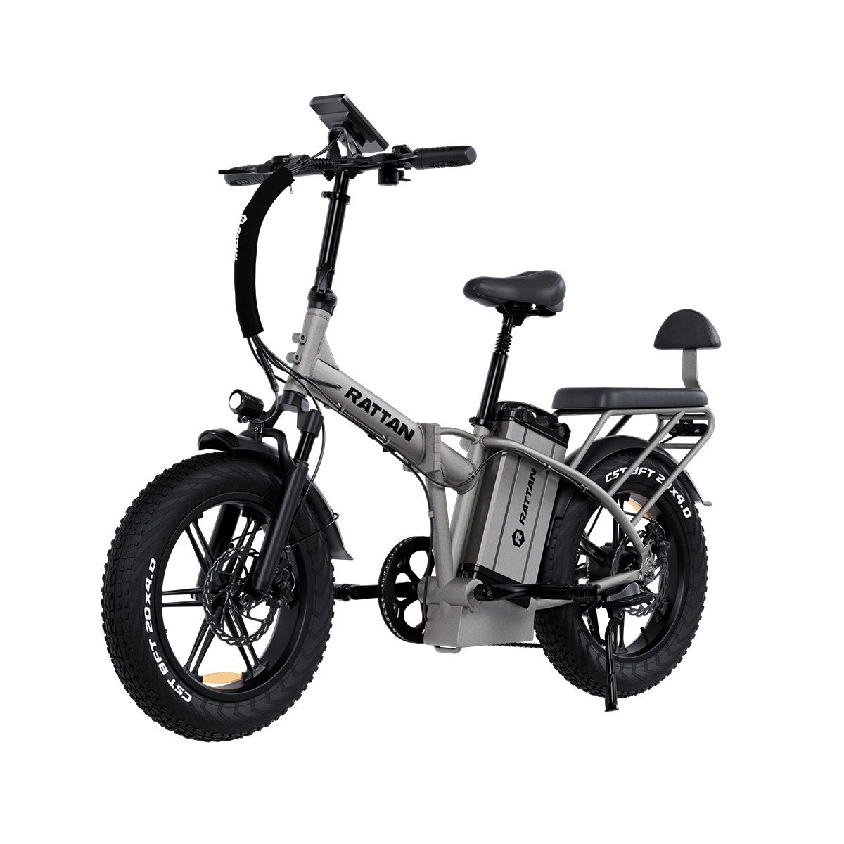 E-bike pieghevole grigia. Pneumatici, sella e manubrio neri. Batteria con logo RATTAN. Portapacchi.