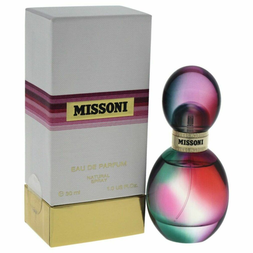 Flacone di profumo e scatola. Flacone rotondo, colorato. Scatola bianca con strisce rosa, base dorata. Scritta: MISSINI.