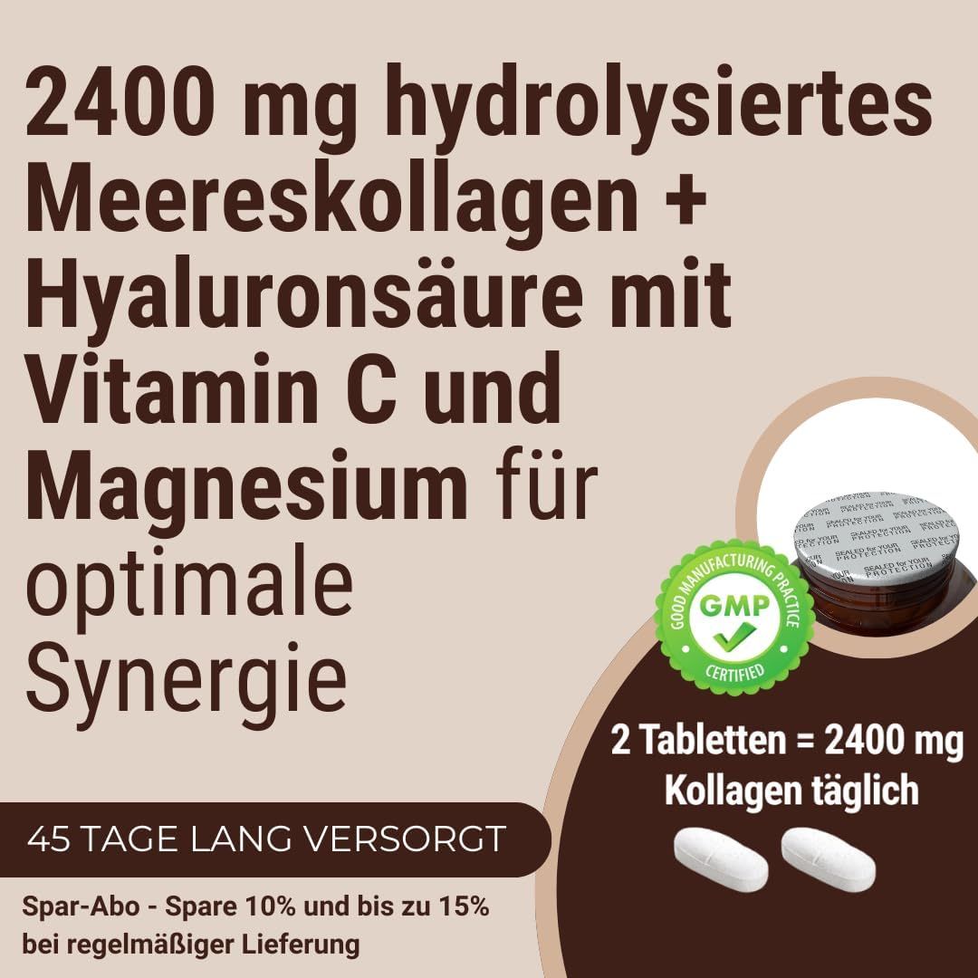 Due compresse accanto a un barattolo. Testo: 2400 mg collagene marino idrolizzato + acido ialuronico con vitamina C e magnesio.