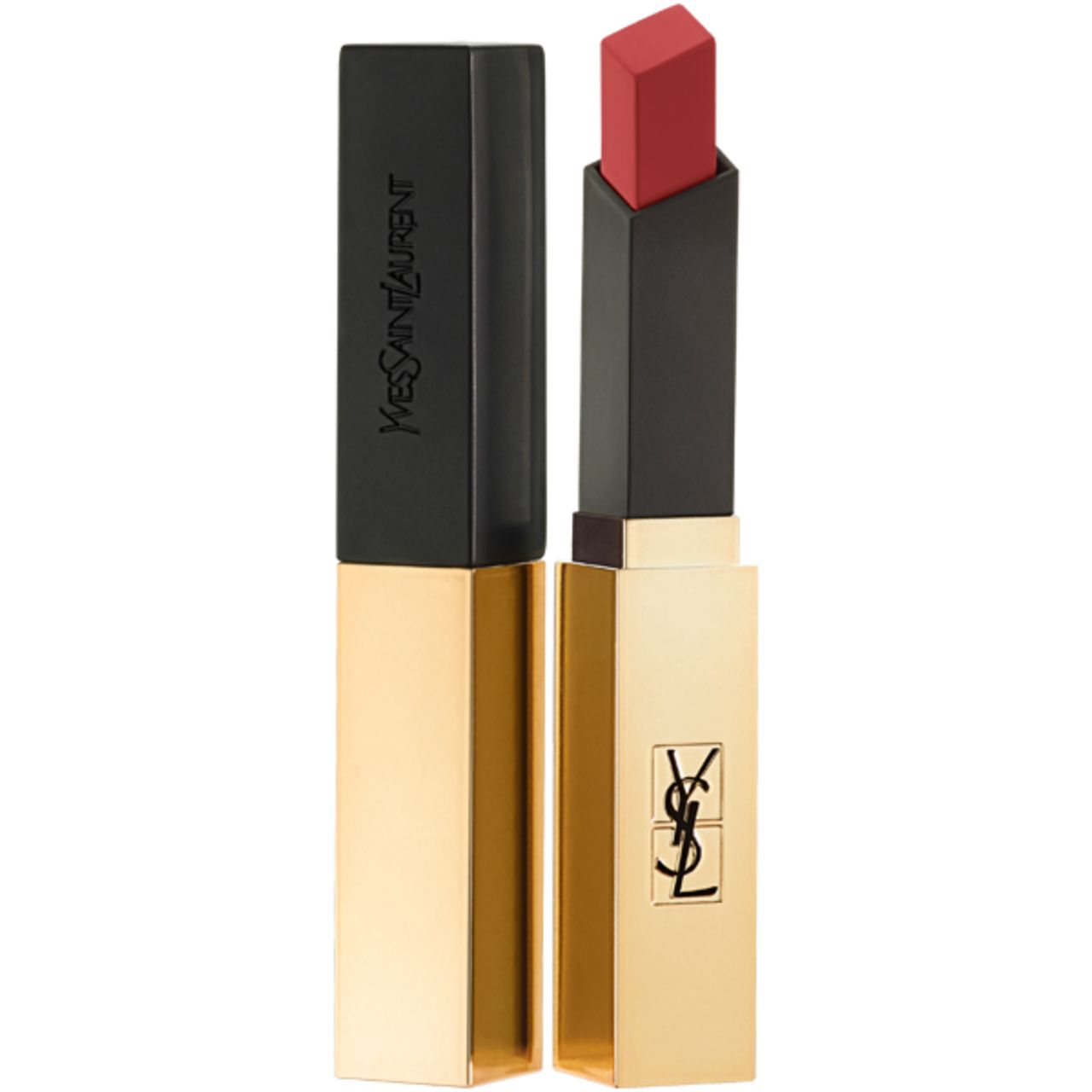 Rossetto Yves Saint Laurent. Contenitore dorato, cappuccio nero. Rossetto rosso. Cappuccio nero con logo Yves Saint Laurent.