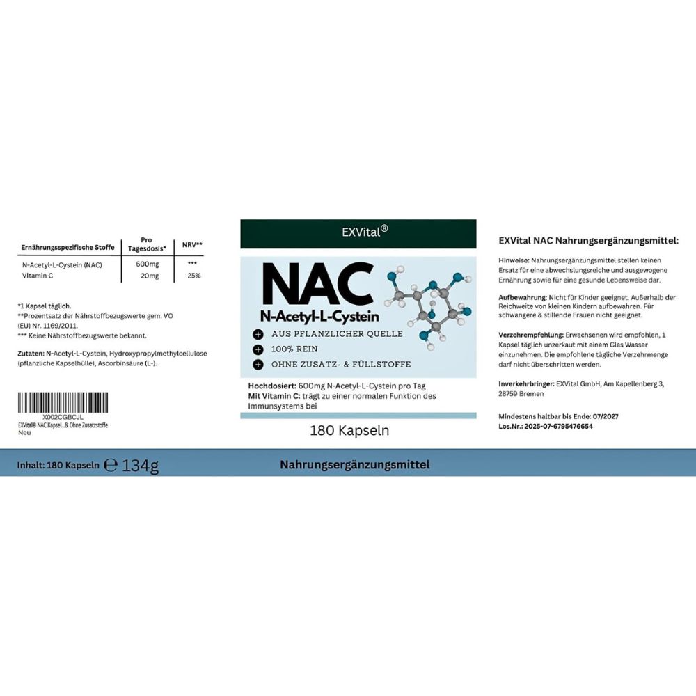 Confezione del prodotto. Testo: EXVital NAC, N-Acetil-L-Cisteina, 100% puro, senza additivi. 180 capsule.