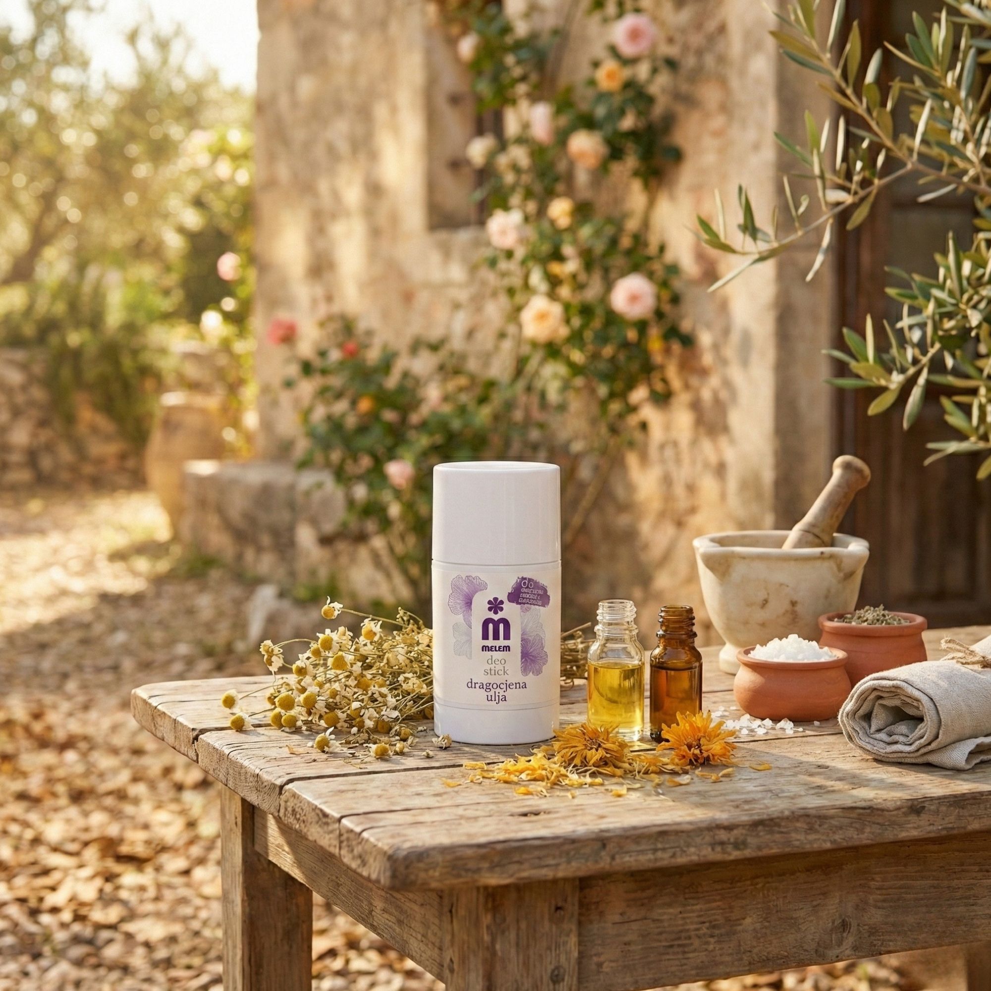 Stick deodorante bianco con motivo floreale viola. Su tavolo di legno, con bottiglie di olio, fiori e mortaio.