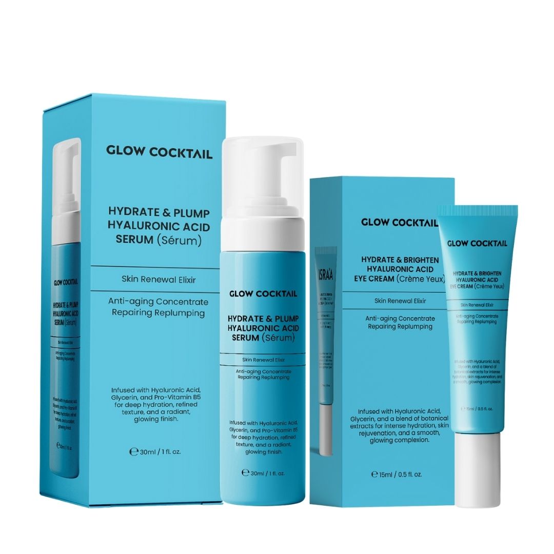 Siero all'acido ialuronico e crema contorno occhi Glow Cocktail, due prodotti.