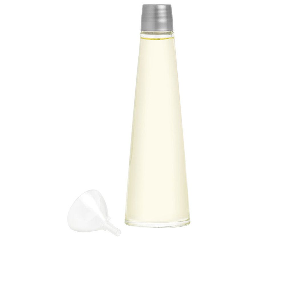 Flacone a forma di cono con tappo argentato. Imbuto separato. Liquido visibile.