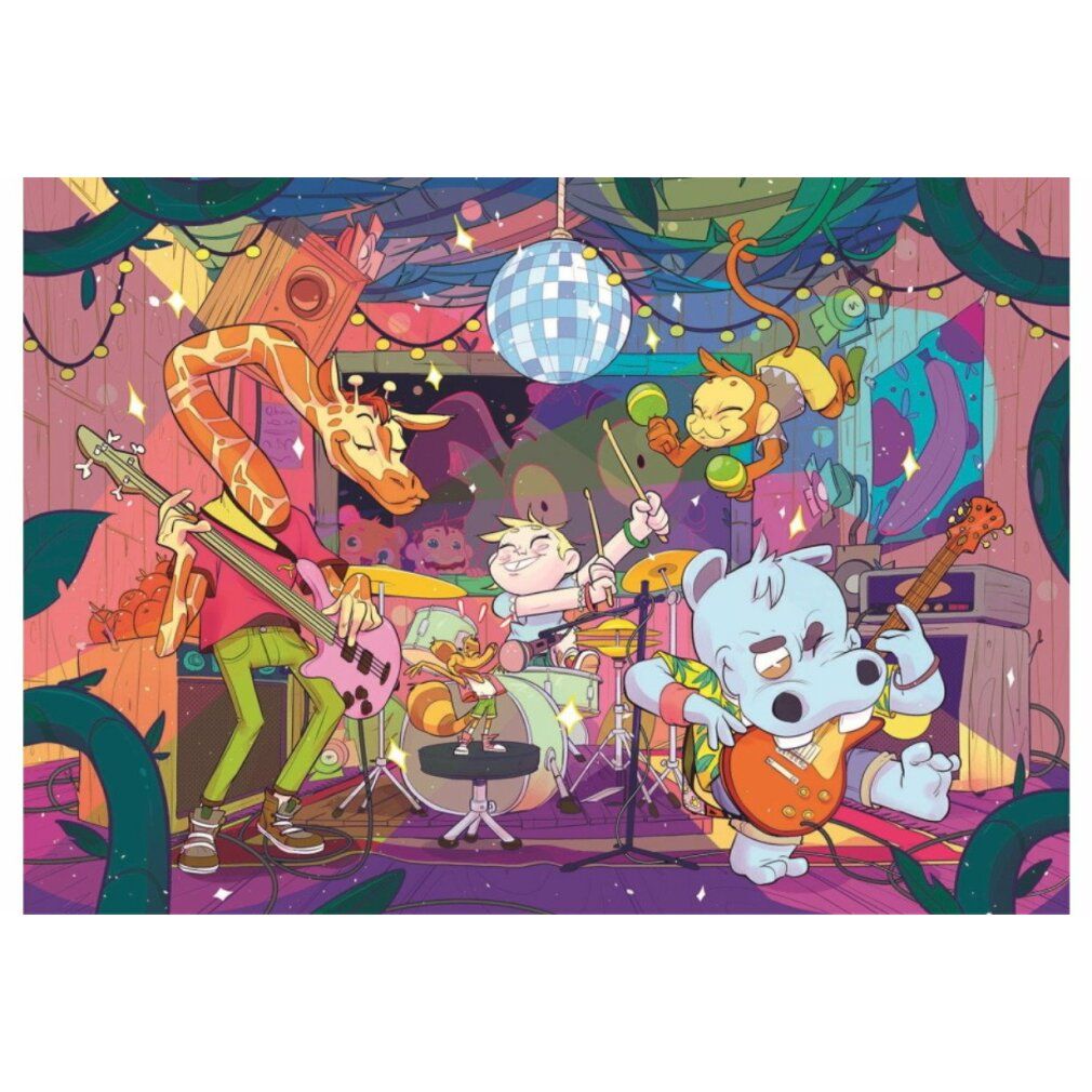 Puzzle Clementoni, 104 pezzi. Illustrazione di una band musicale con animali. Sfondo: palco decorato. Puzzle Supercolor.