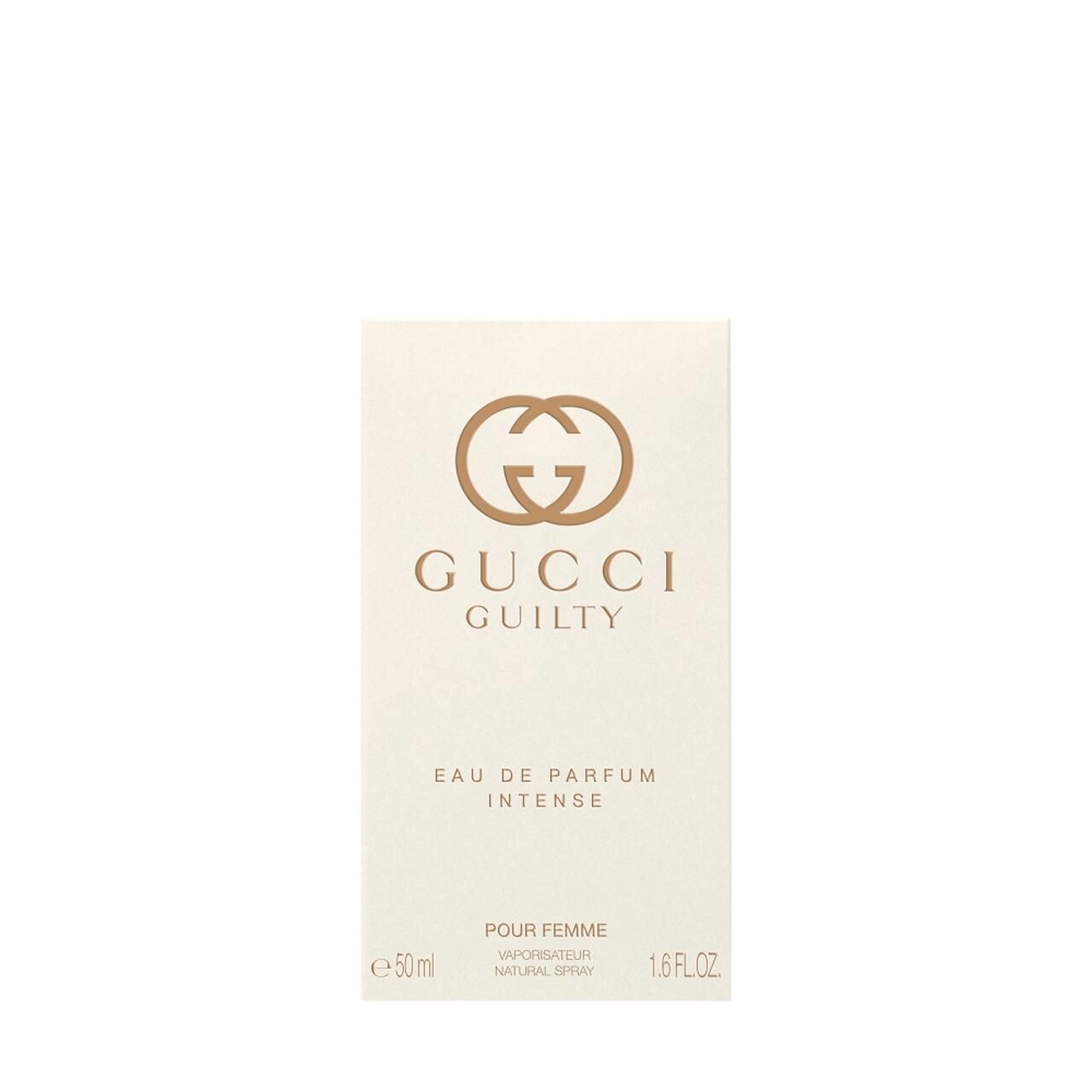 Confezione Gucci Guilty. Scatola rettangolare con logo Gucci e nome del prodotto. Sfondo bianco.