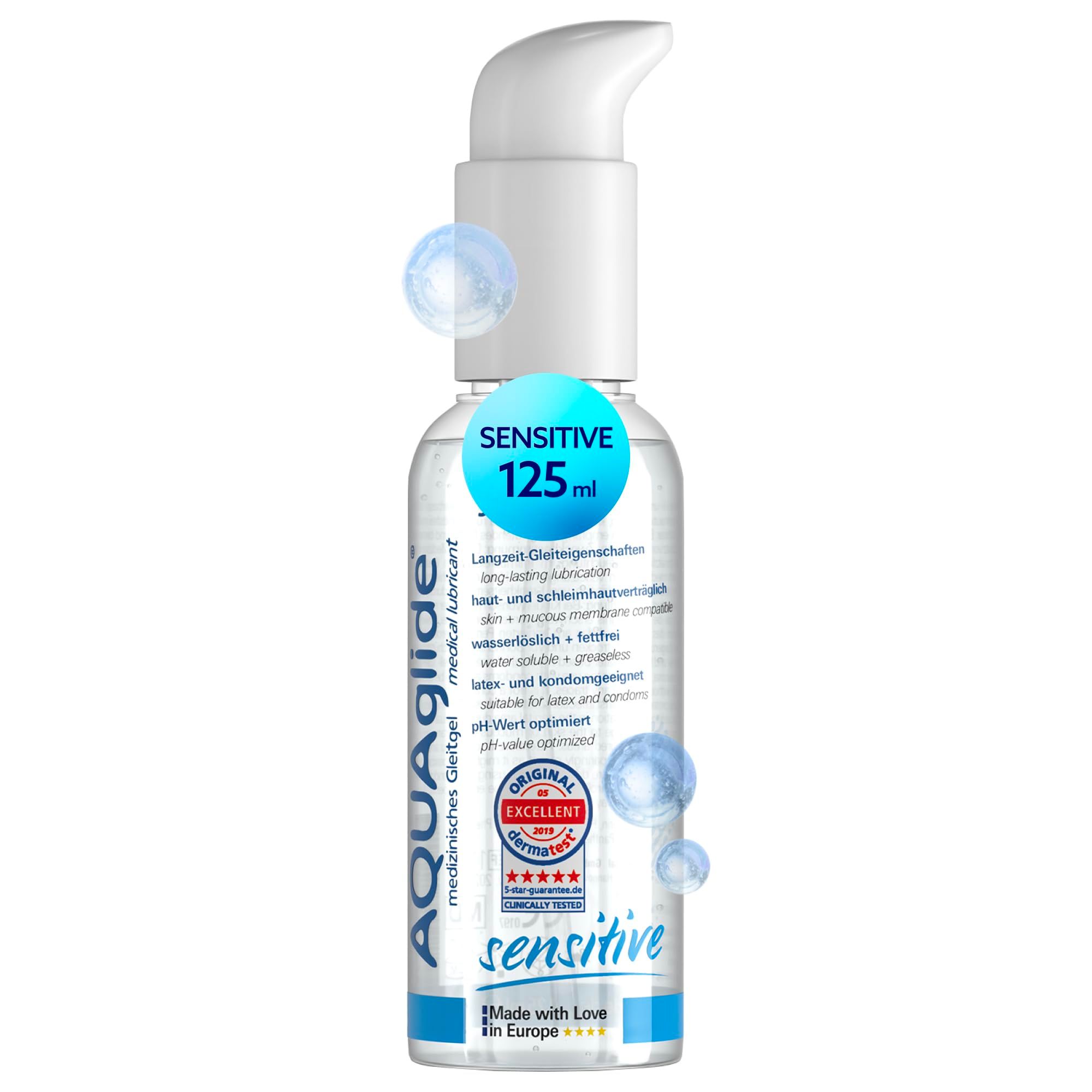 Gel lubrificante AQUAGLIDE Sensitive in flacone trasparente con dispenser a pompa. "No.1" e "Made with Love in Germany" sull'etichetta.