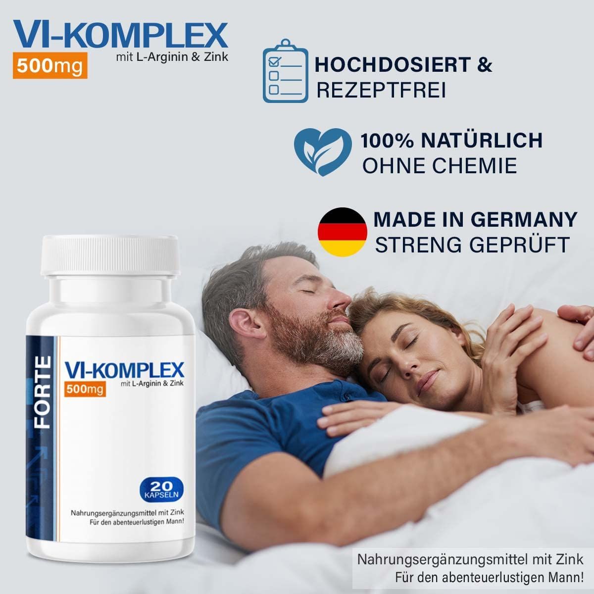 Flacone del prodotto accanto a coppia che dorme. Testo: VI-Komplex Forte, 500mg, 20 capsule. Testi aggiuntivi.