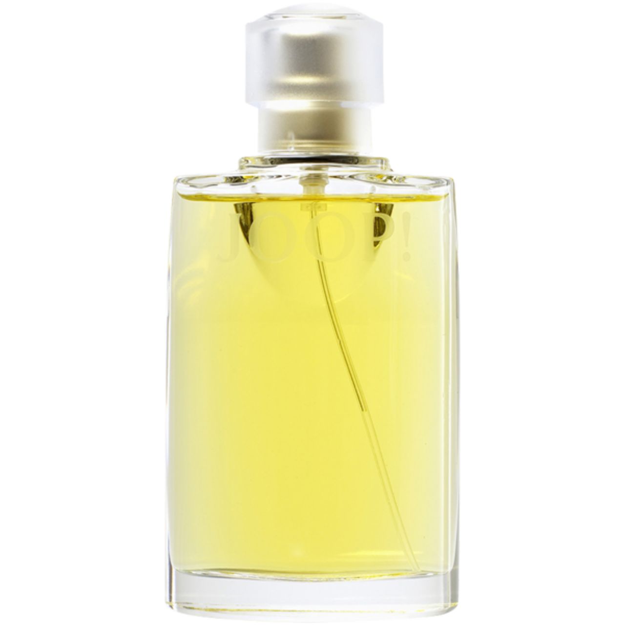 Flacone Joop! Eau de Toilette. Forma rettangolare, liquido dorato, vaporizzatore trasparente. Scritta JOOP!
