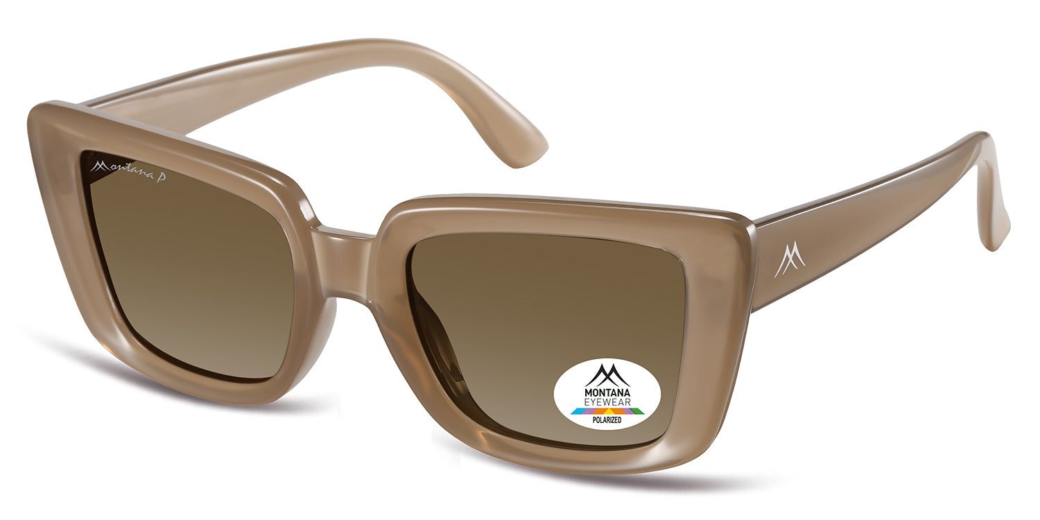 Occhiali da sole marroni. Logo Montana Eyewear sulla lente. Lenti polarizzate.