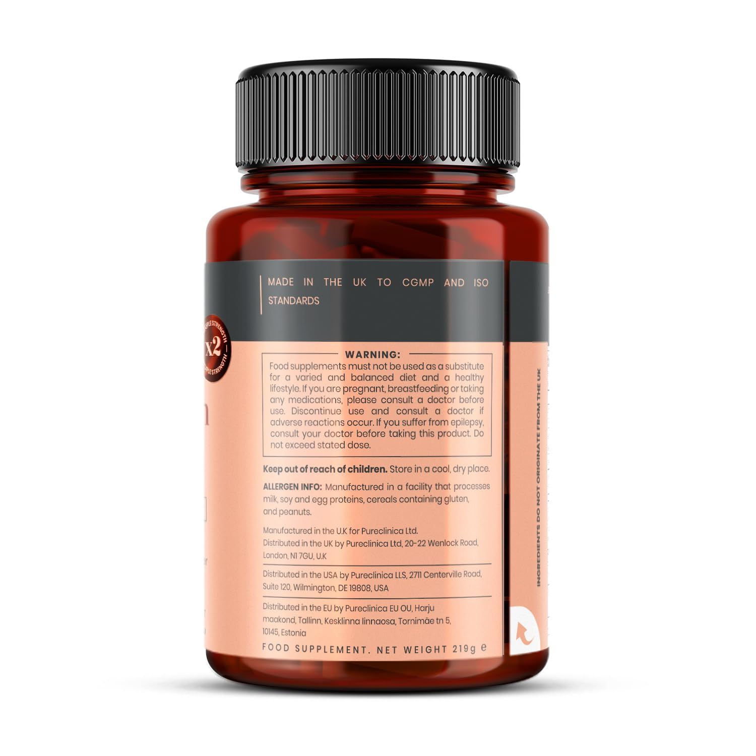 Retro di un flacone di compresse marrone. Contiene avvertenze e informazioni di contatto.