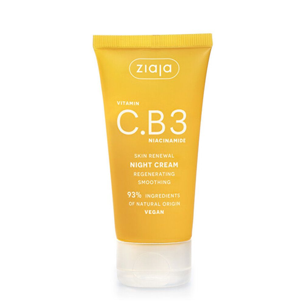 Tubo di crema da notte Ziaja Vitamina C.B3 Niacinamide con tappo a scatto. Confezione gialla con scritte bianche.