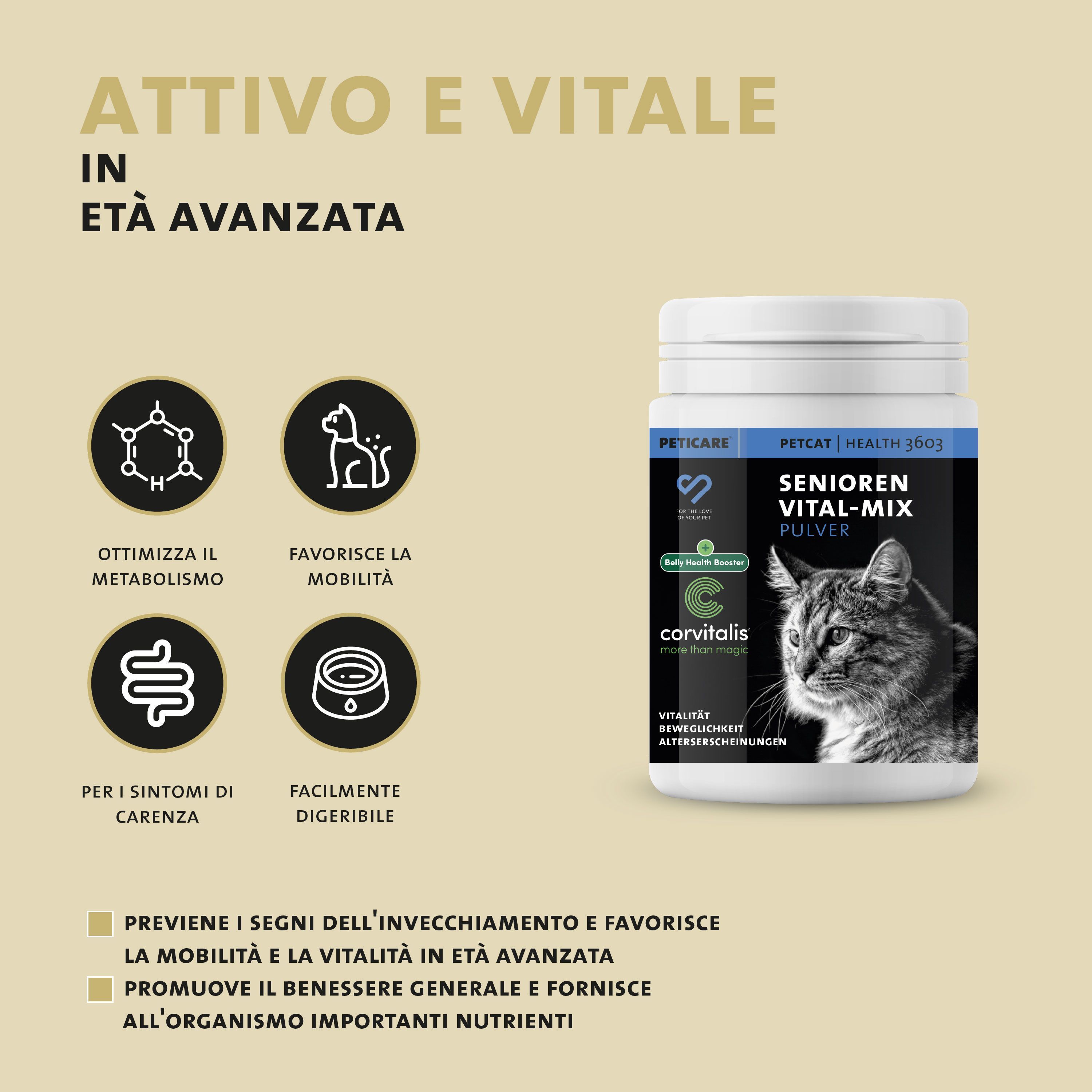 Barattolo Peticare Senioren Vital-Mix polvere, con icone per metabolismo, mobilità, intestino.