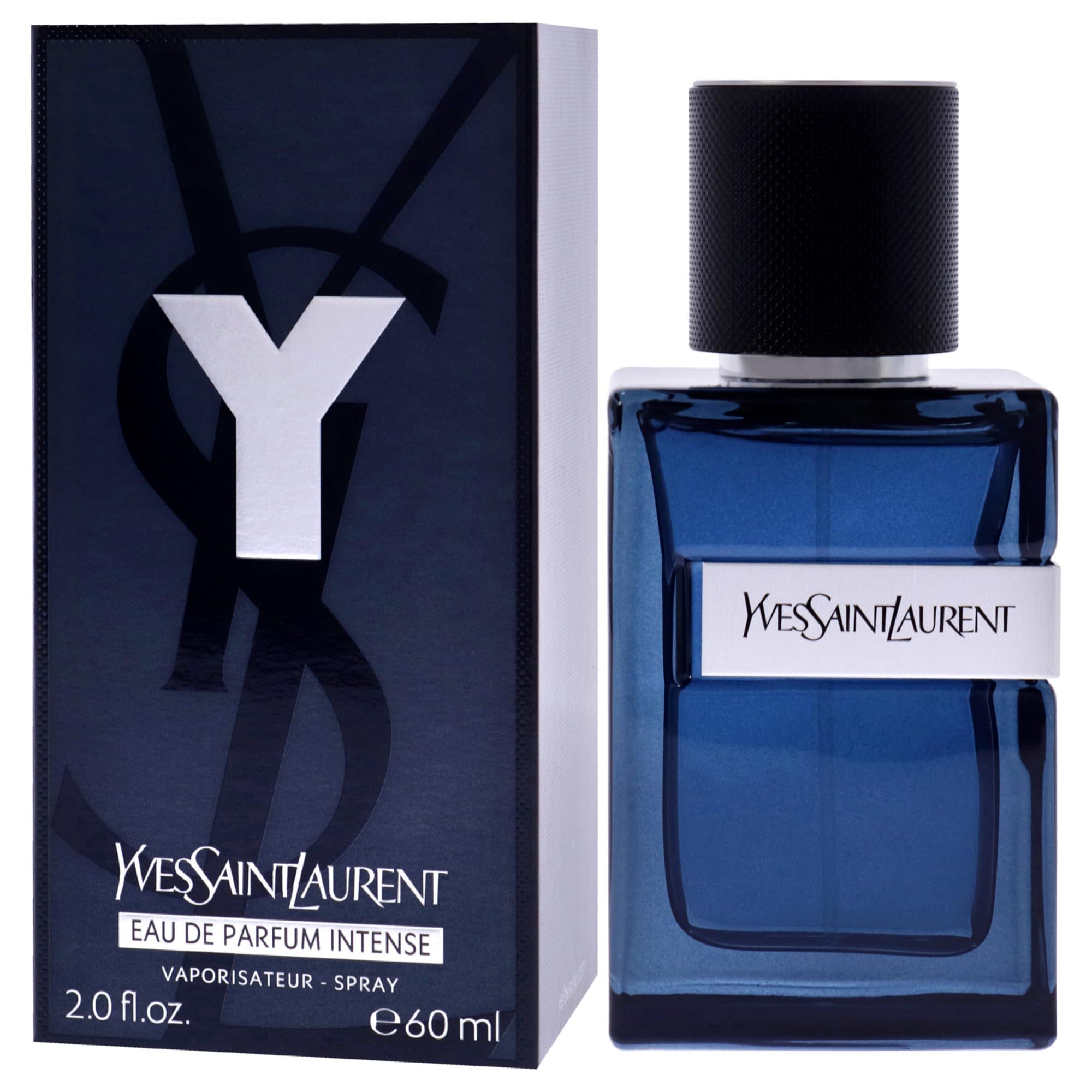 Flacone e scatola blu. YSL Y Intense Eau de Parfum Spray. Tappo nero. 60 ml.