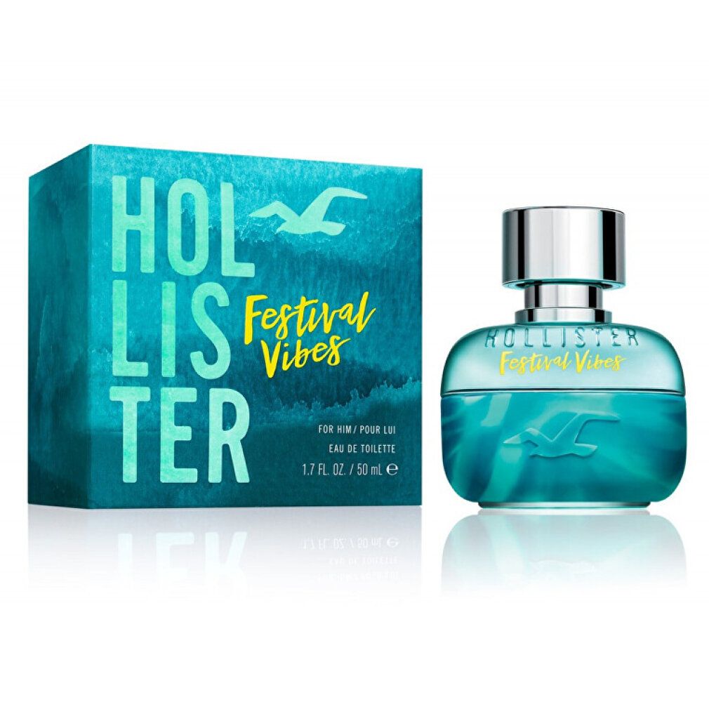 Profumo Hollister Festival Vibes da uomo. Flacone e scatola. Sfumatura blu-turchese. Scritta e logo gabbiano. 50 ml.