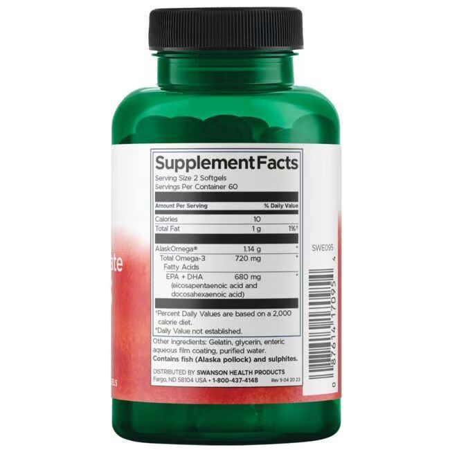 Retro del flacone verde. Etichetta con informazioni nutrizionali. Contiene merluzzo d'Alaska e solfiti. Prodotto da SWANSON.