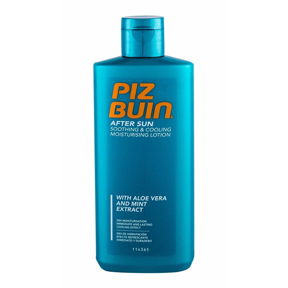 Flacone blu turchese con scritta arancione Piz Buin After Sun. Testo: Soothing & Cooling Moisturising Lotion. Con aloe vera ed estratto di menta.