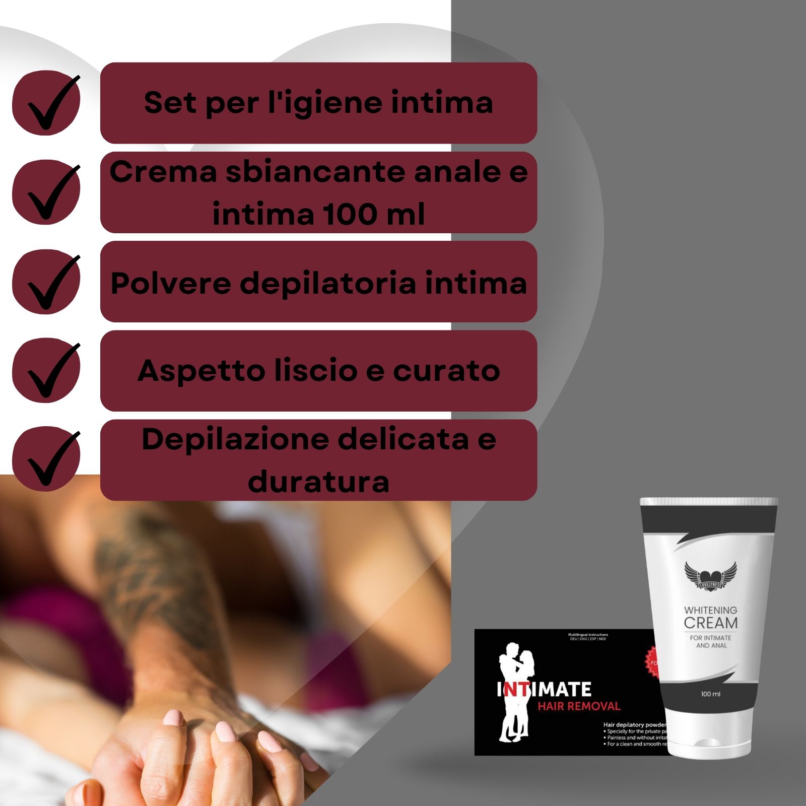 Prodotto in crema in tubo bianco. Testo: Whitening Cream, For Intimate and Anal. 100 ml. Su piedistallo.