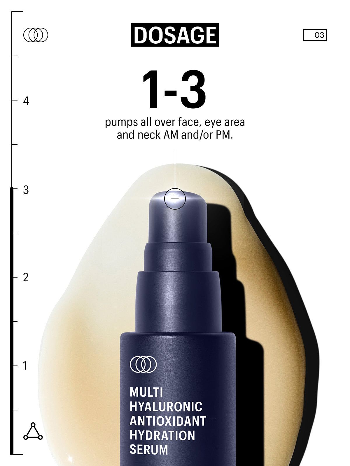 Flacone di siero e goccia di siero. Testo: Multi Hyaluronic Antioxidant Hydration Serum, Allies of Skin. Dosaggio.