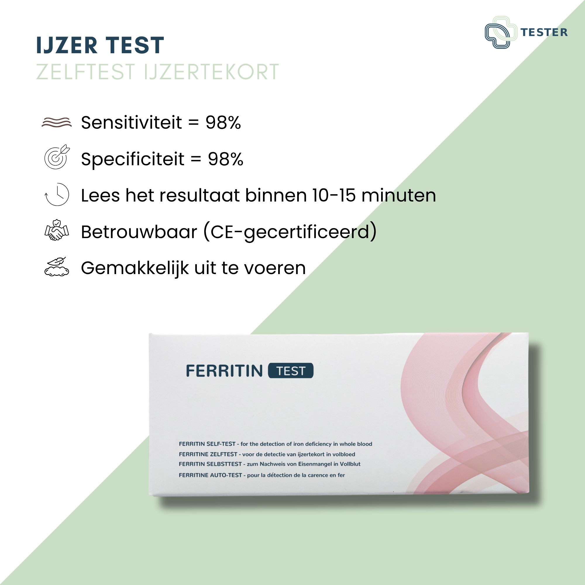 Infografica con informazioni sul test della ferritina. Include informazioni su sensibilità, specificità, risultato del test e certificazione CE. Scatola con scritta FERRITIN TEST.