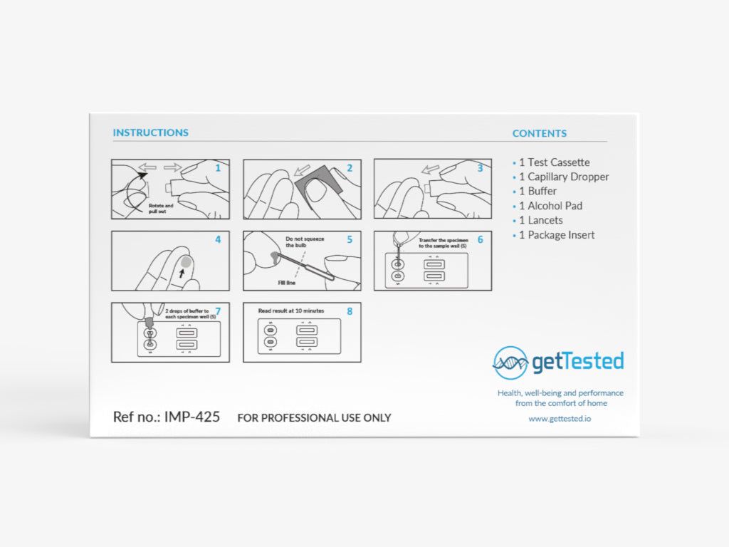 Confezione del test Mykoplasma GetTested con istruzioni e contenuto. Include cassetta di test, contagocce, tampone, tampone alcolico, lancette e foglietto illustrativo.