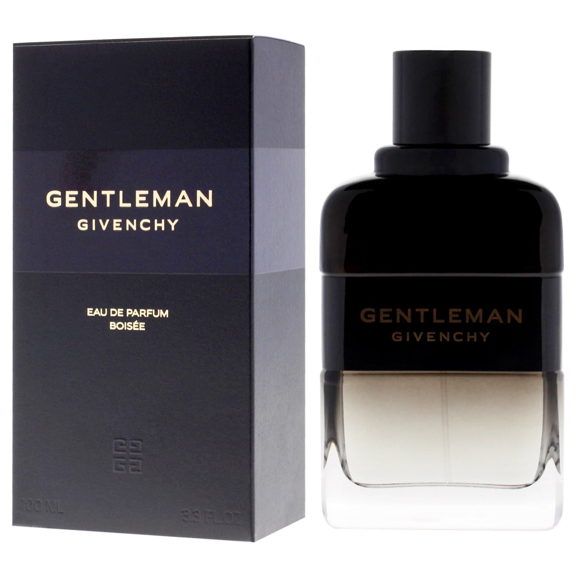 Flacone e confezione neri. Scritta: GENTLEMAN GIVENCHY, Eau de Parfum Boisée. Flacone con tappo nero.