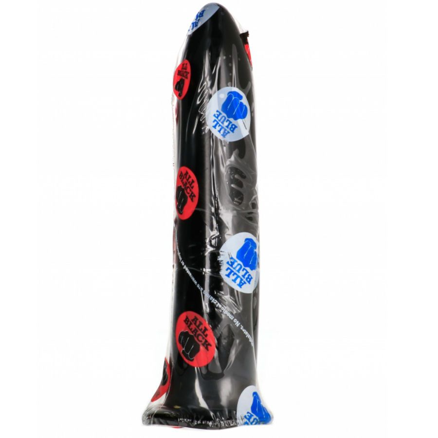 Dildo anale nero in confezione di plastica. Adesivi rossi e blu con testo sulla confezione.
