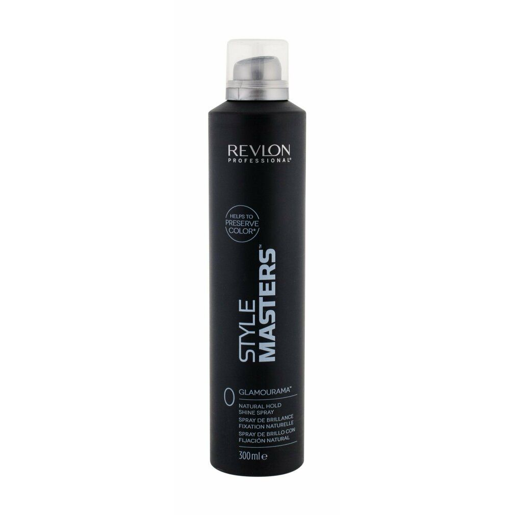 Revlon Style Masters Glamourama Shine Spray. Flacone nero con erogatore bianco. Testo: Revlon, Style Masters, Glamourama, Natural Hold.