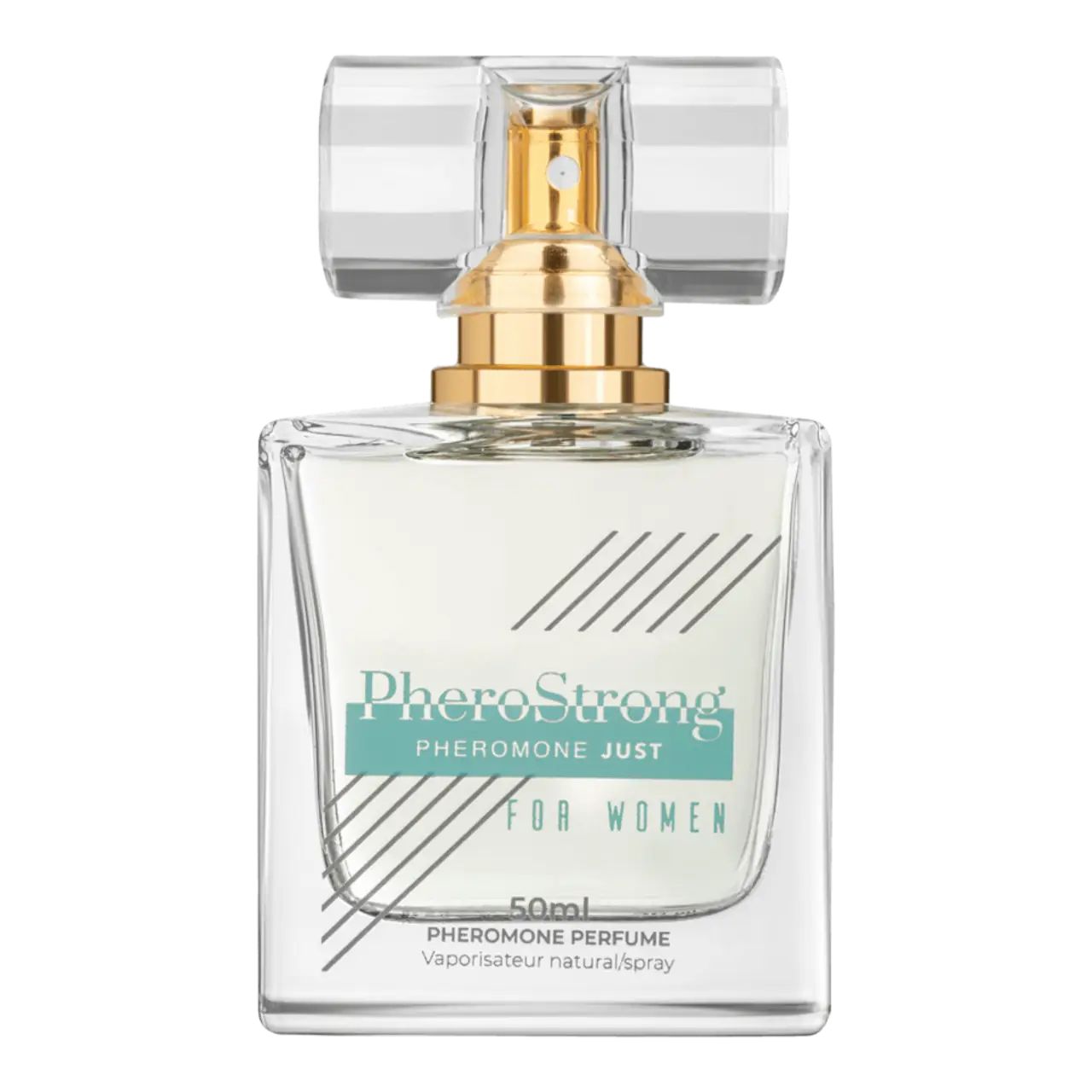 Flacone di profumo quadrato con vaporizzatore dorato. Scritta: PheroStrong Pheromone Just For Women. 50ml, profumo ai feromoni.