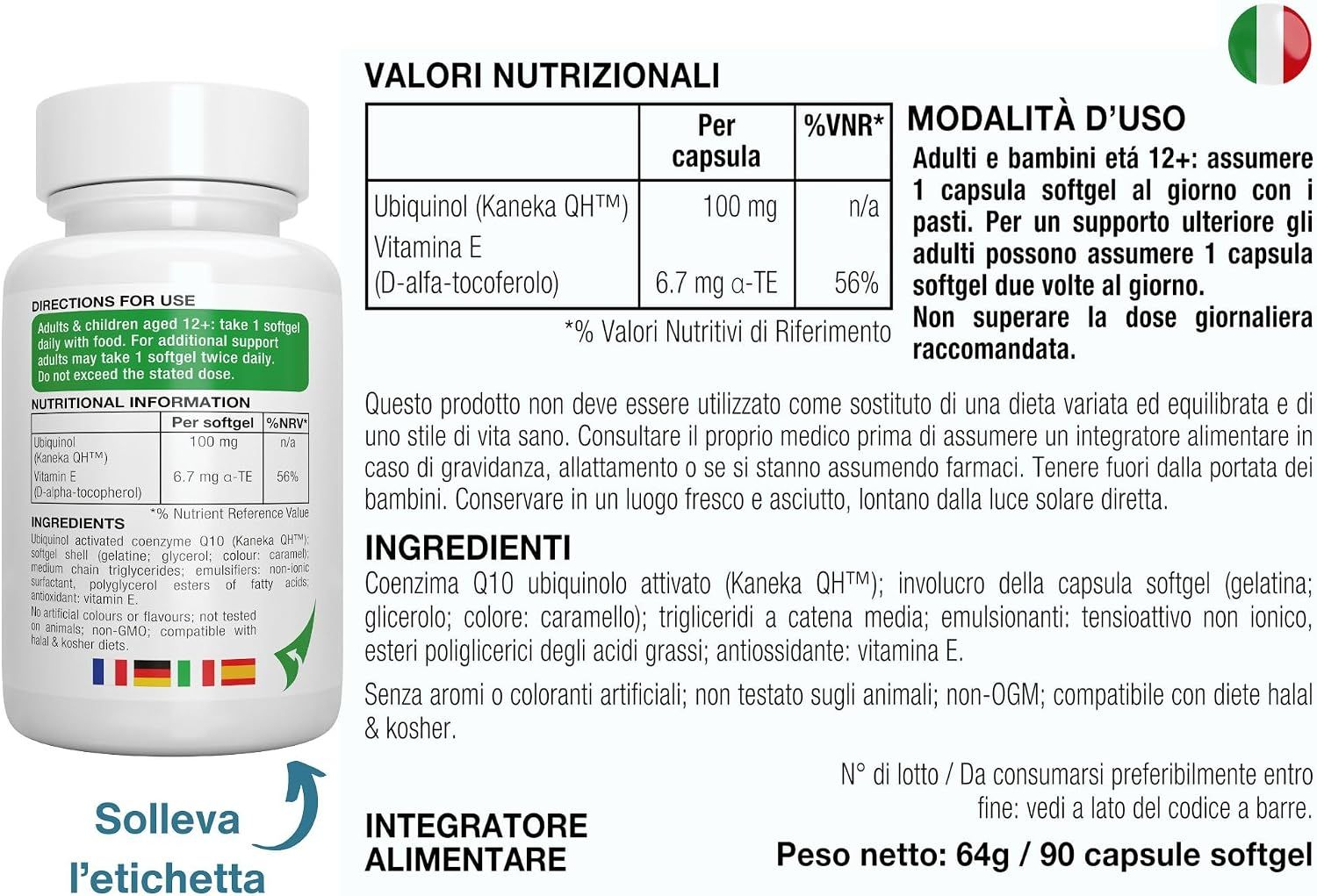 Flacone di Igennus Ubiquinol-QH con valori nutrizionali e modalità d'uso.
