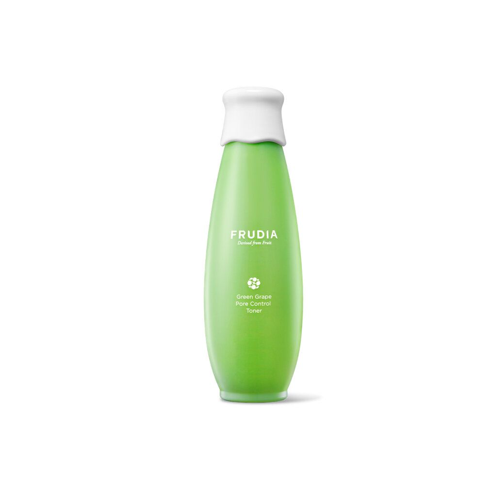 Tonico Frudia uva controllo pori in un'elegante bottiglia verde con tappo bianco.