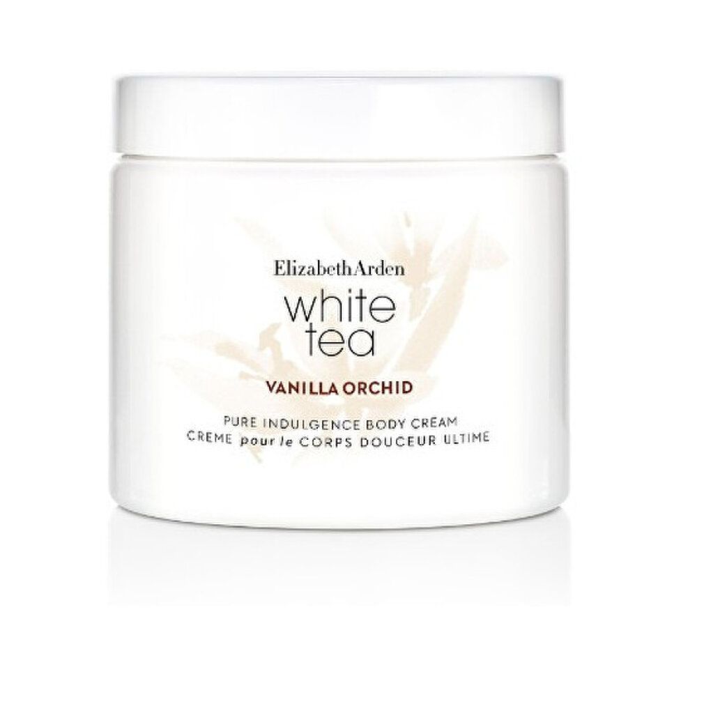 Vaso bianco con coperchio. Scritta: Elizabeth Arden, White Tea, Vanilla Orchid, Pure Indulgence Body Cream. Peso netto: 13,5 OZ 384g.