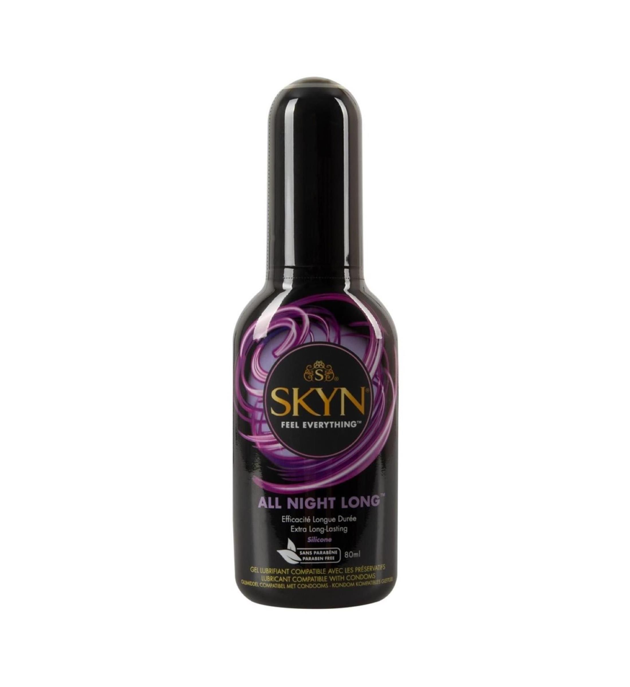Flacone nero con erogatore. Scritta SKYN, ALL NIGHT LONG. Design viola. 80ml.