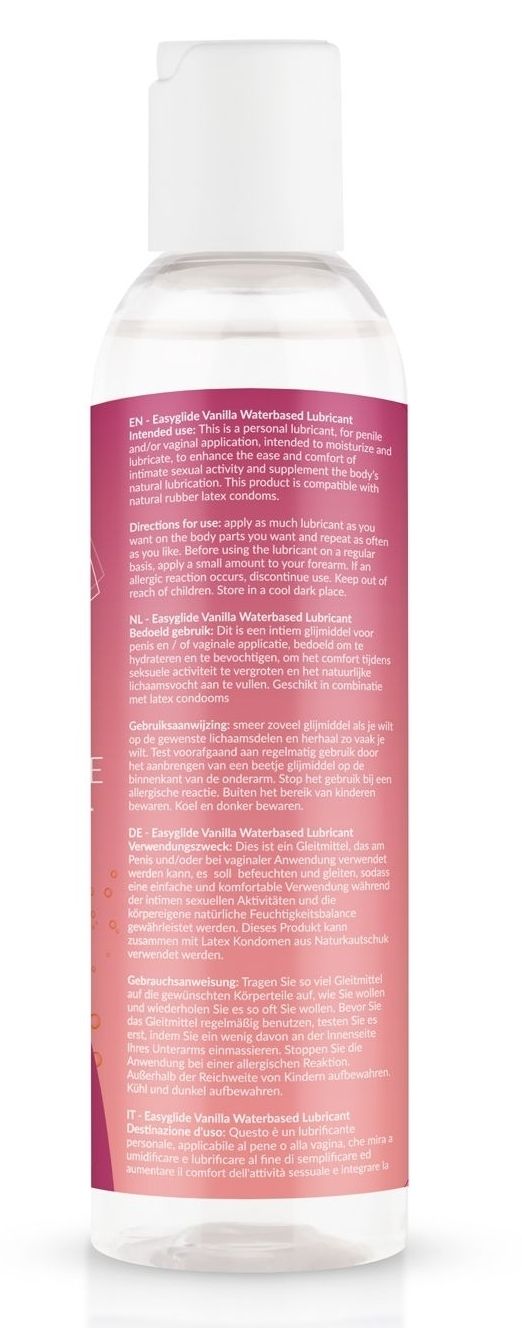Retro del flacone. Etichetta rosa con testo multilingue. Sigillo vegano. Informazioni per l'uso.