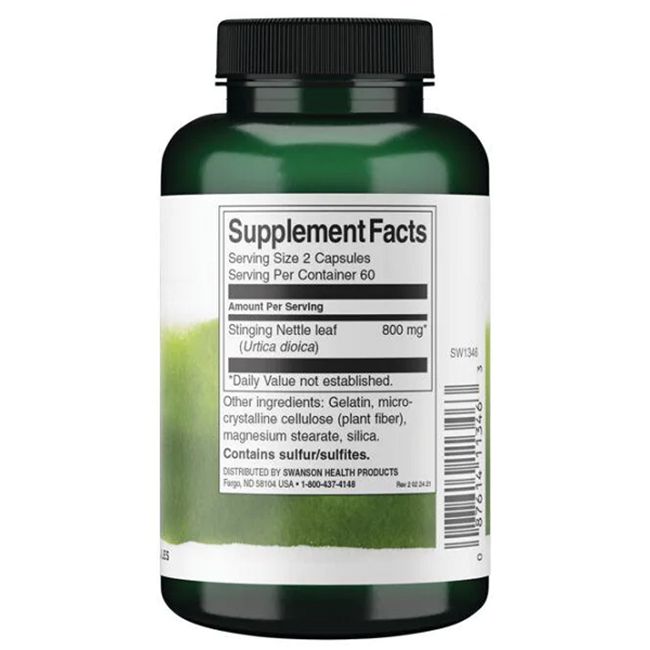 Retro di un flacone verde. Etichetta con informazioni nutrizionali, ingredienti e informazioni del produttore. Contiene 800 mg.