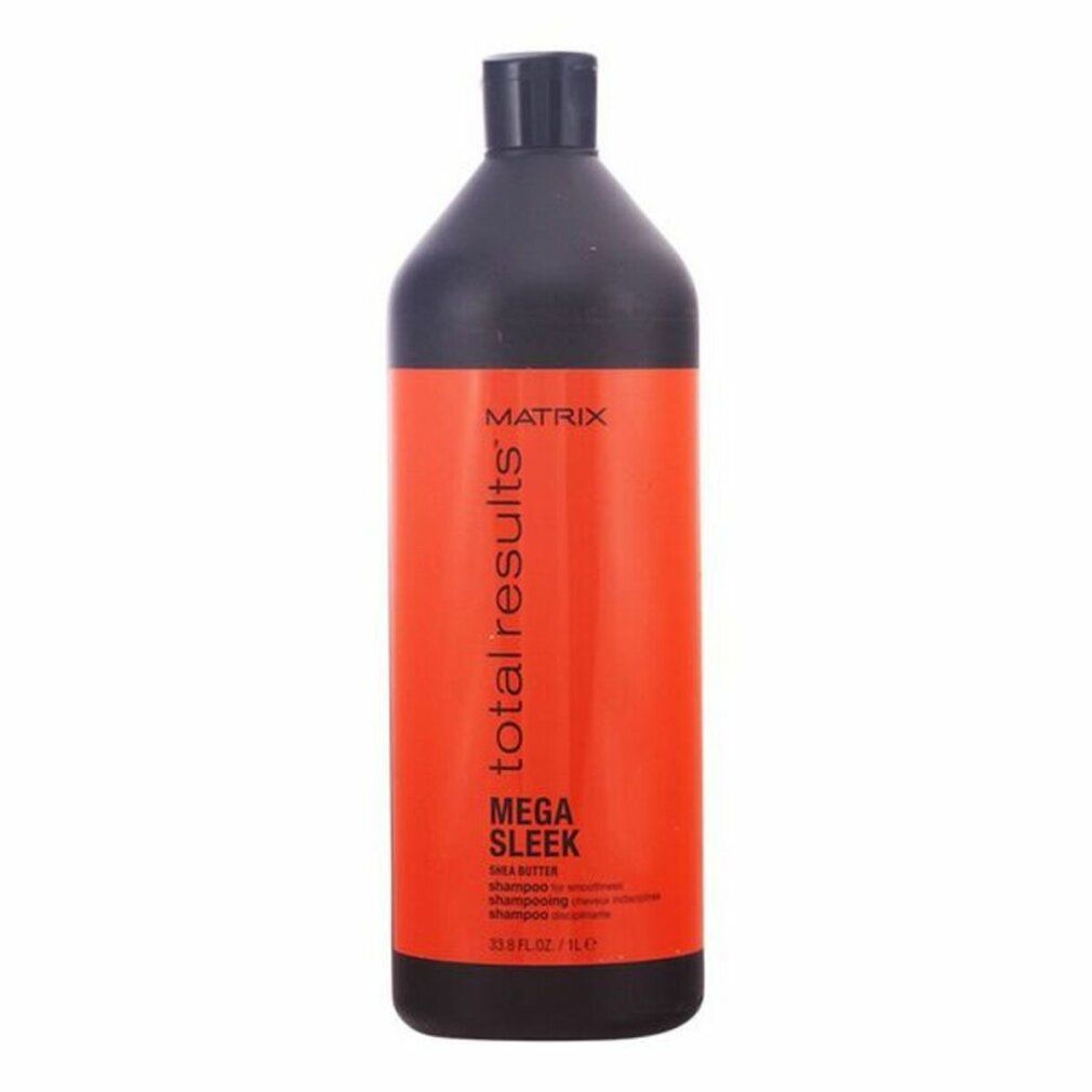 Flacone nero con etichetta rossa. Scritta: Matrix Total Results Mega Sleek Shea Butter Shampoo. 33.8 fl.oz/1L.