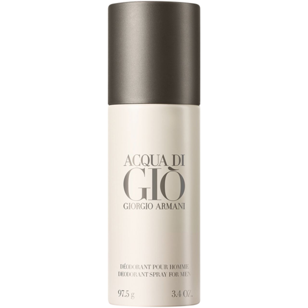 Spray deodorante. Contenitore bianco con tappo marrone. Scritta: Acqua di Giò, Giorgio Armani. Testo: Déodorant pour homme.