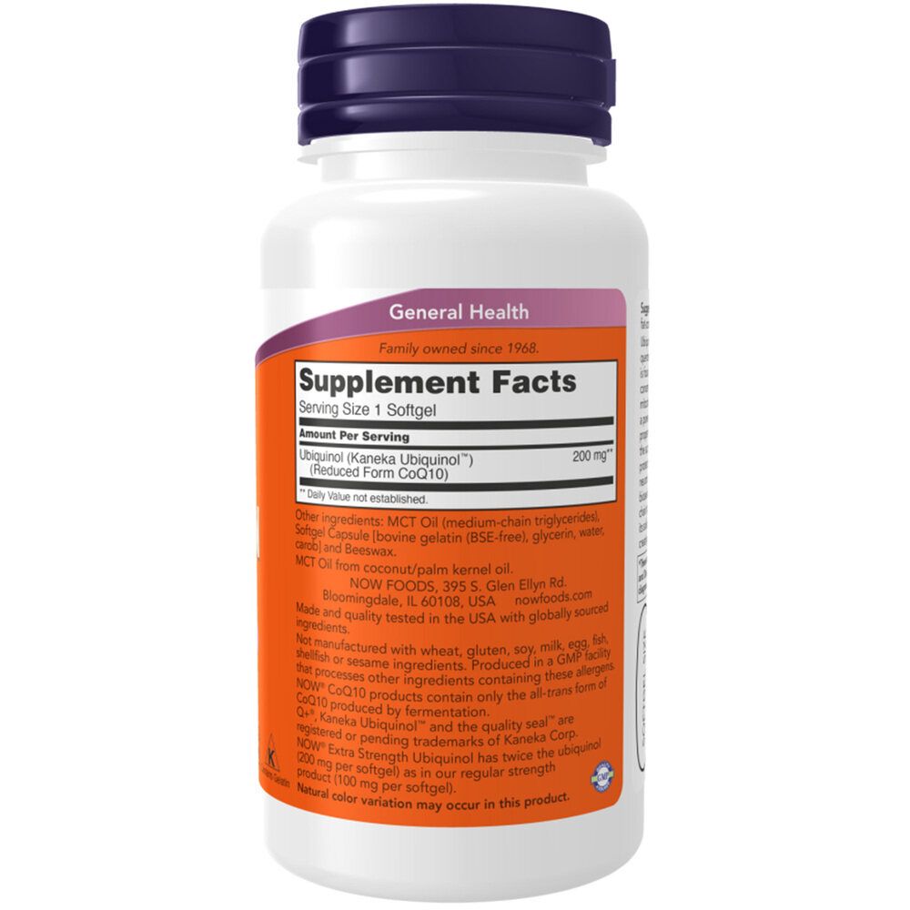 Flacone di integratore alimentare con tappo viola. Scritta: Ubiquinolo, 200 mg. Contiene 60 softgel. Etichetta arancione con testo bianco.