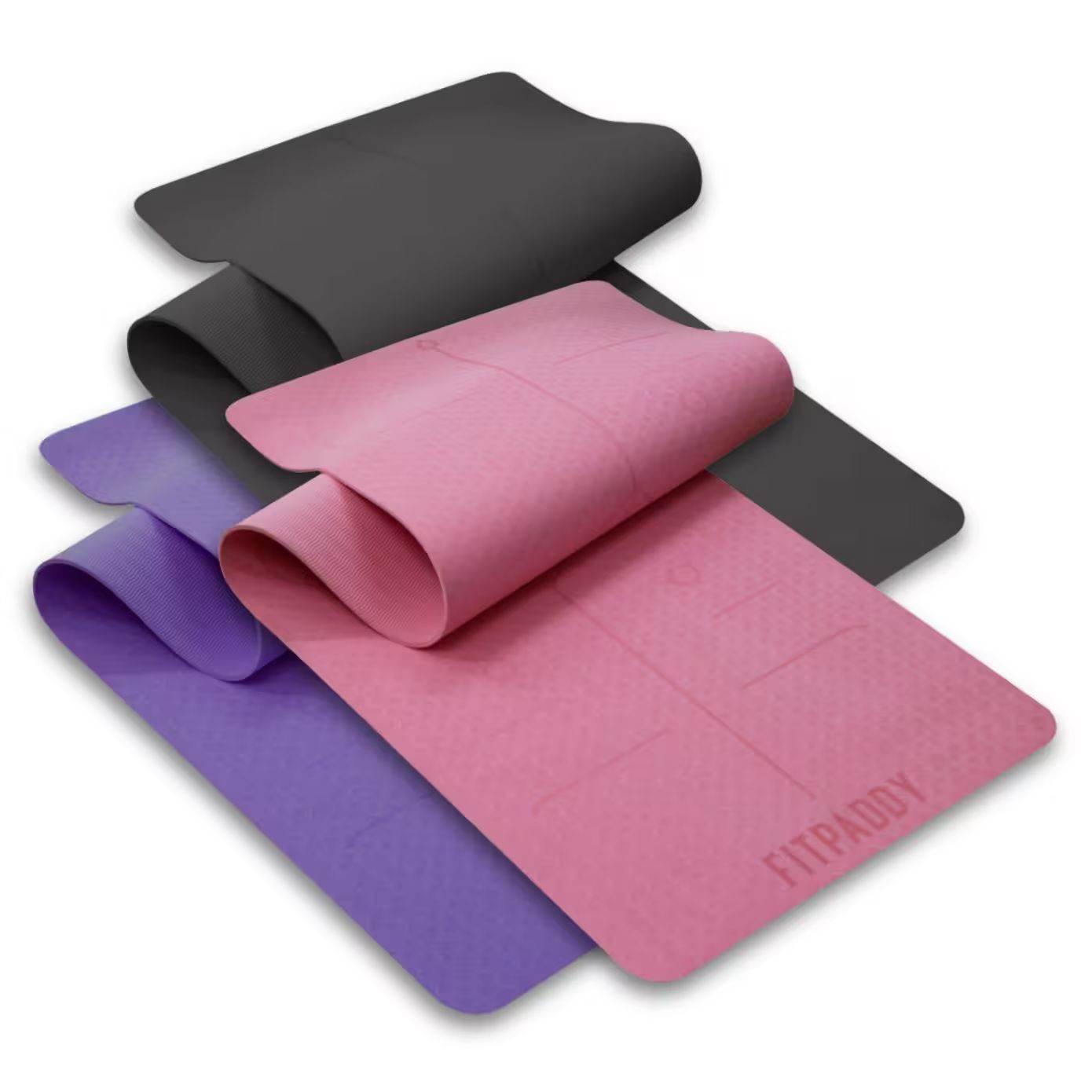 Tre tappetini yoga e pilates in diversi colori: viola, rosa e nero. Logo FITPADDY visibile.