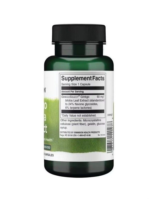 Retro di una bottiglia verde. Etichetta bianca con informazioni nutrizionali. Contiene estratto di Ginkgo Biloba. 60 mg per capsula.