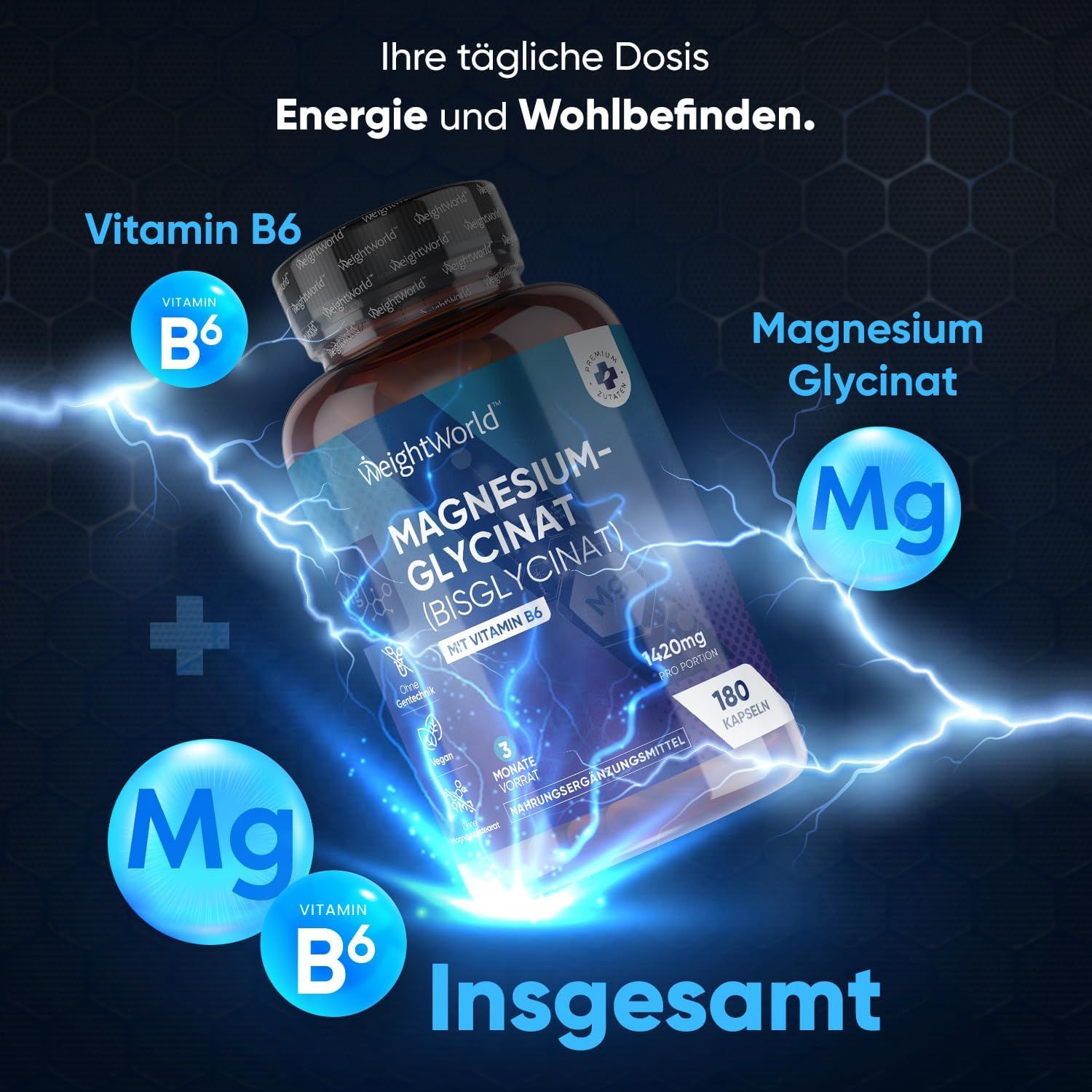 Flacone marrone con capsule. Scritta: WeightWorld Magnesium Glycinate (Bisglycinate). Contiene vitamina B6 e magnesio.
