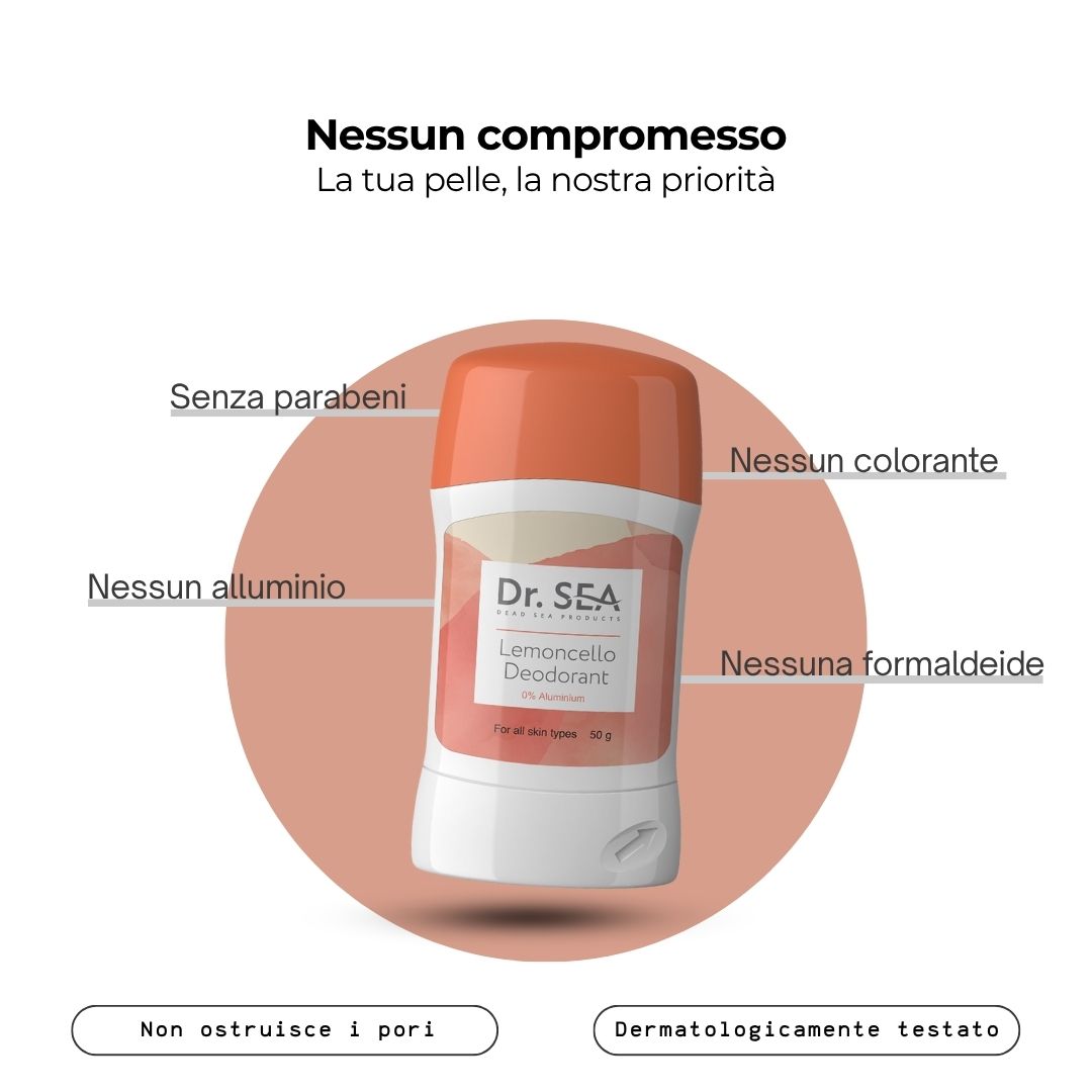 Stick deodorante con testo. Testo: Nessun compromesso, La tua pelle, la nostra priorità. Senza parabeni, alluminio, ecc.