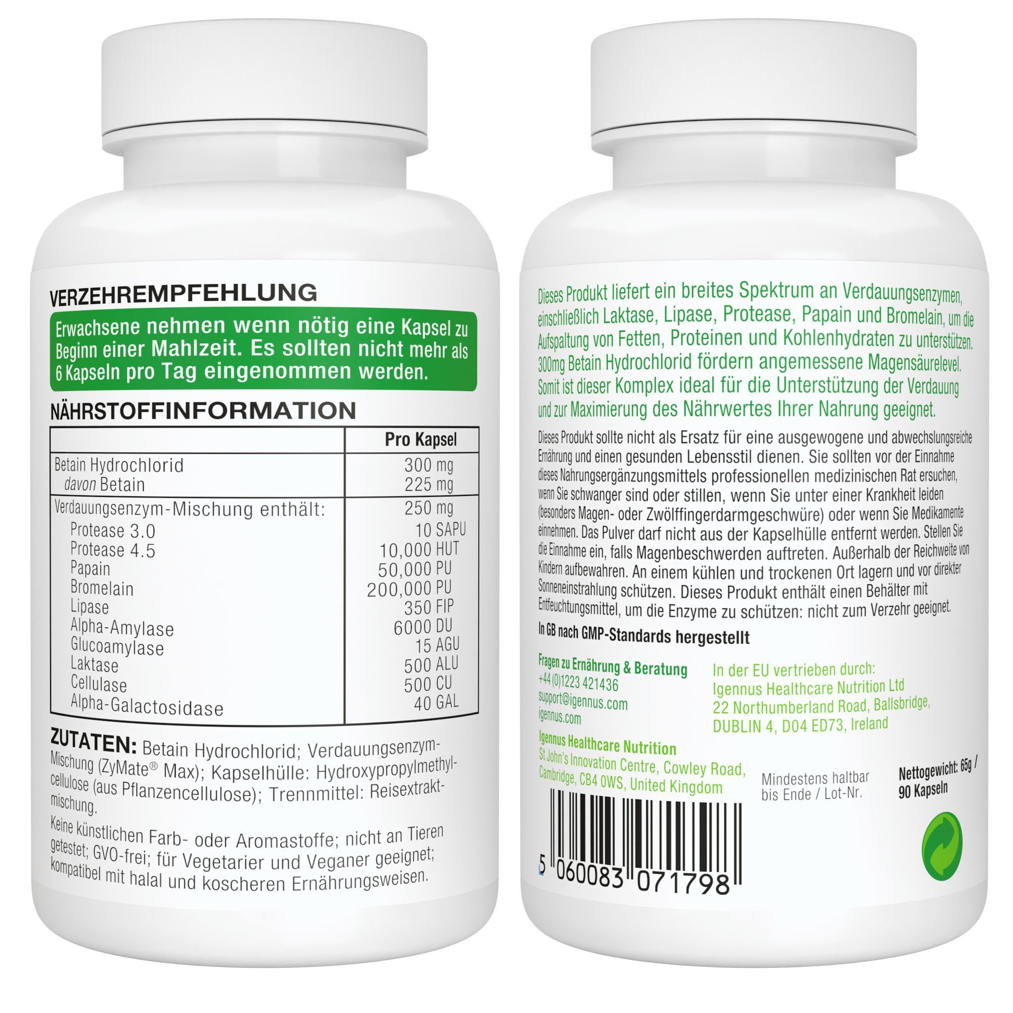 Retro delle capsule Igennus Enzimi Digestivi & Betaina HCl. Contiene informazioni nutrizionali e ingredienti.