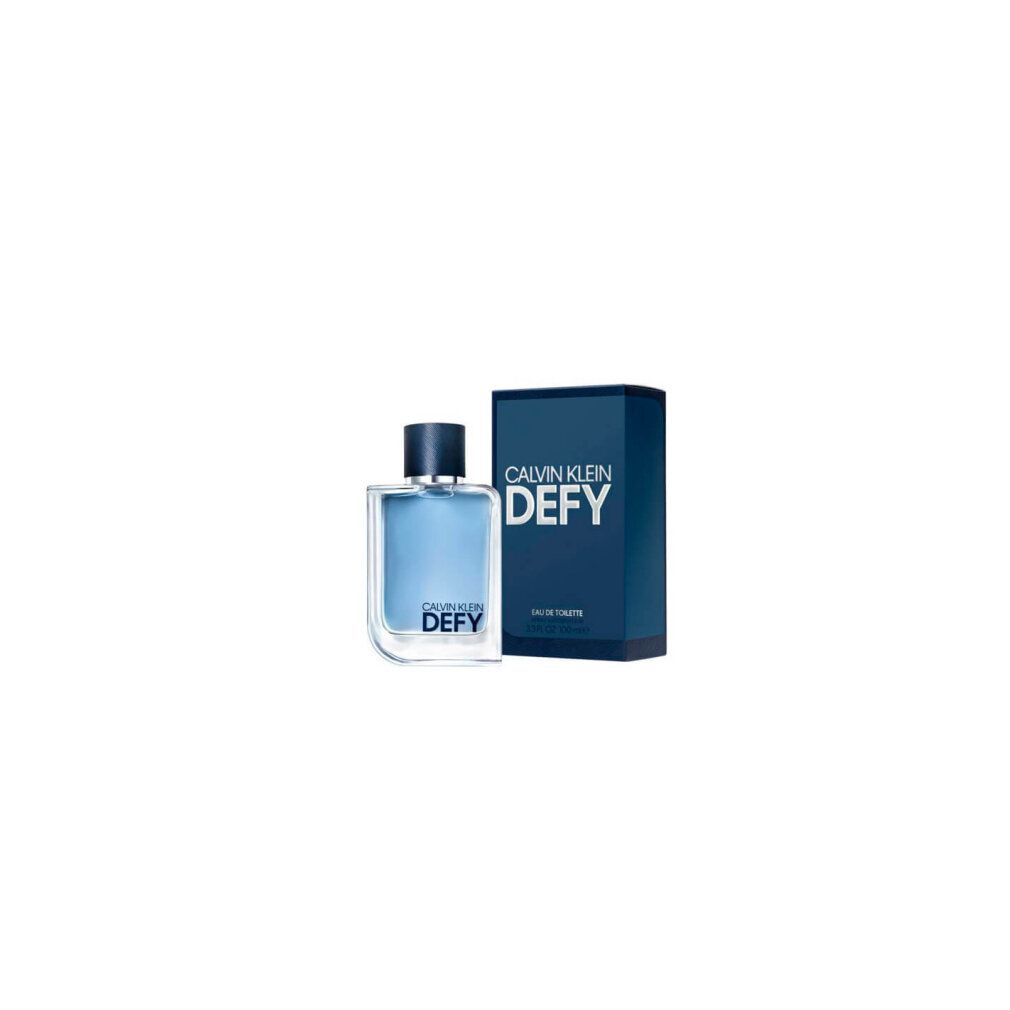 Flacone e confezione di Calvin Klein Defy Eau de Toilette. Flacone quadrato, vetro blu. Confezione blu con scritta bianca.