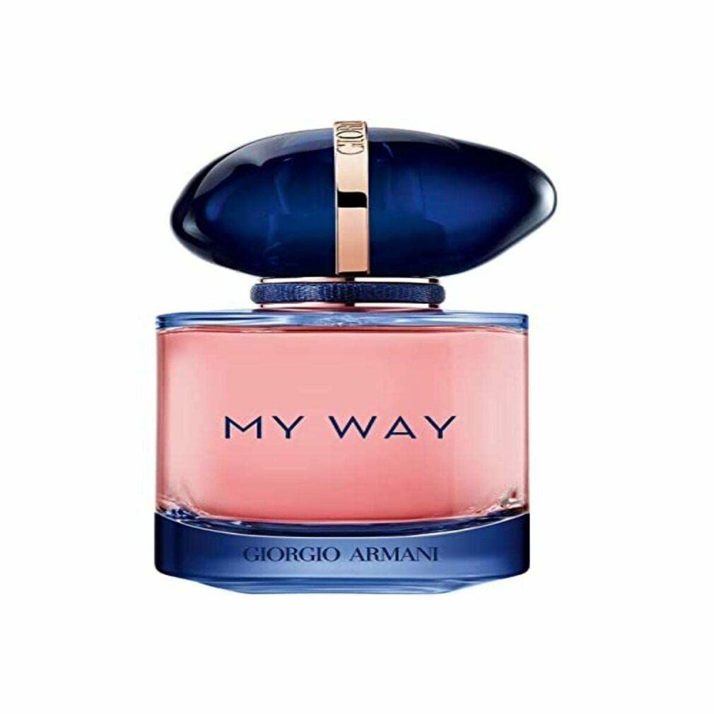 Flacone di profumo con tappo blu e contenuto rosa. Scritta "MY WAY" e "GIORGIO ARMANI".