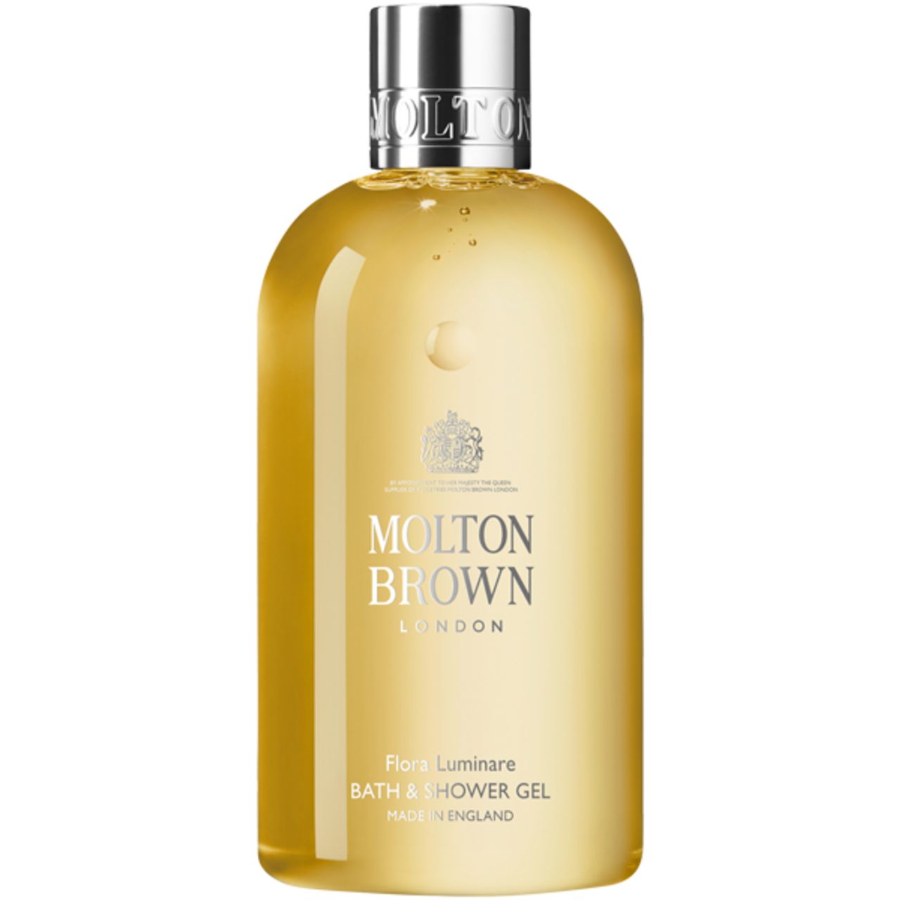 Flacone giallo con tappo argentato. Scritta: Molton Brown, Flora Luminare Bath & Shower Gel. Prodotto in Inghilterra. Con stemma.