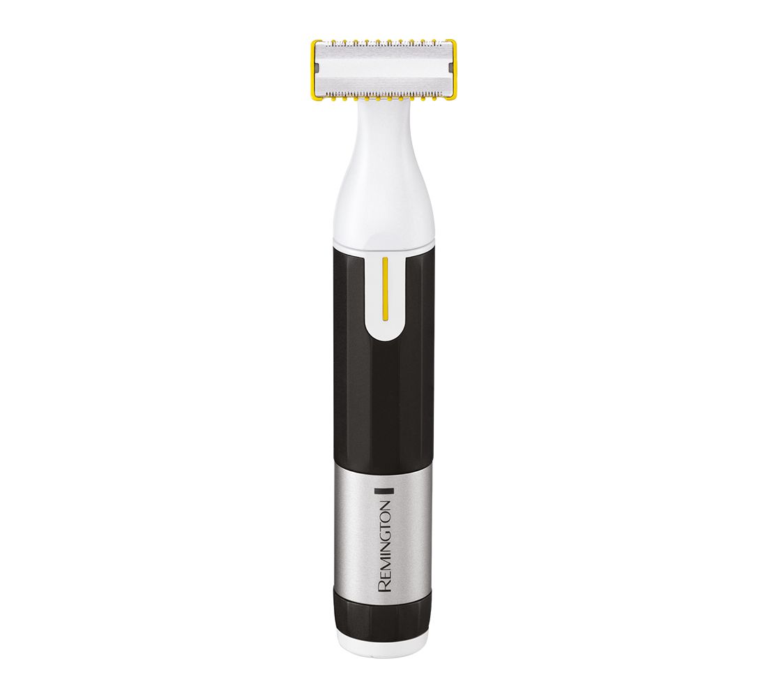 Trimmer nero e bianco con dettagli gialli. Il trimmer ha una sezione argentata con il marchio Remington.