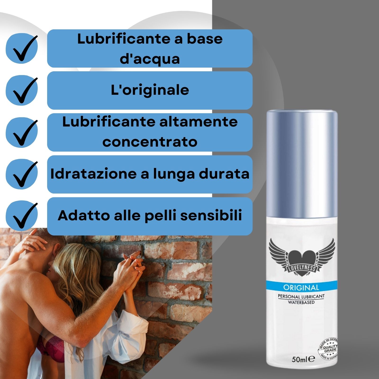 Flacone di lubrificante con tappo argentato. Scritta: ORIGINAL, PERSONAL LUBRICANT WATERBASED. Logo con ali. Coppia che si abbraccia.